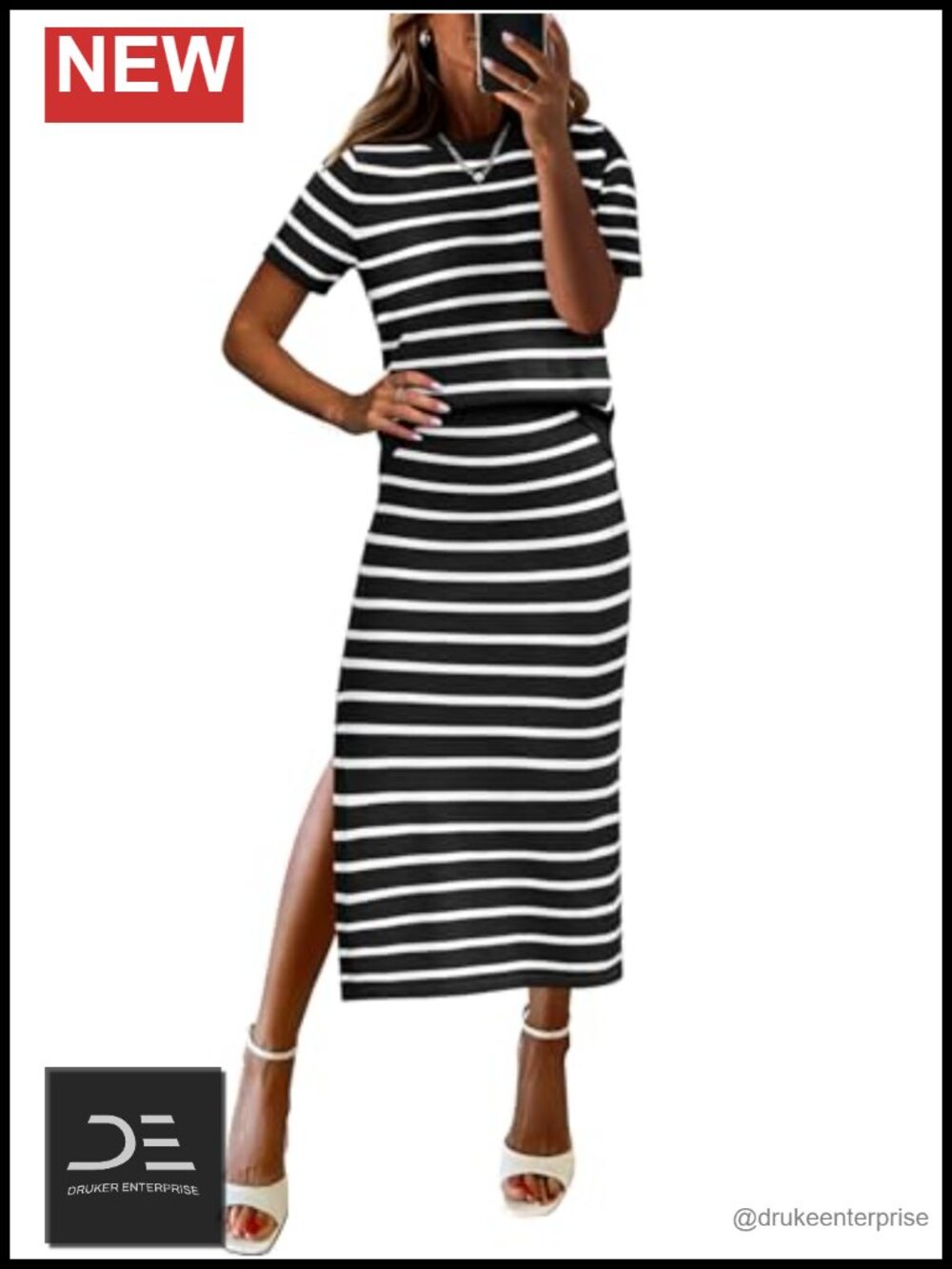 Striped Sweater Skirt Set 2 Piece Short Sleeve Midi Pencil Loungewear